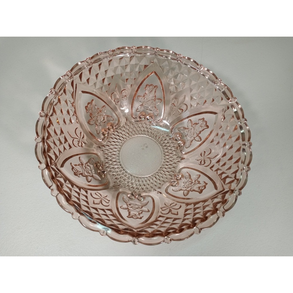 Kig Pink Glass 10" Footed Floral Diamond Cut Serving Vtg Bowl Fleur De Lis Rose
